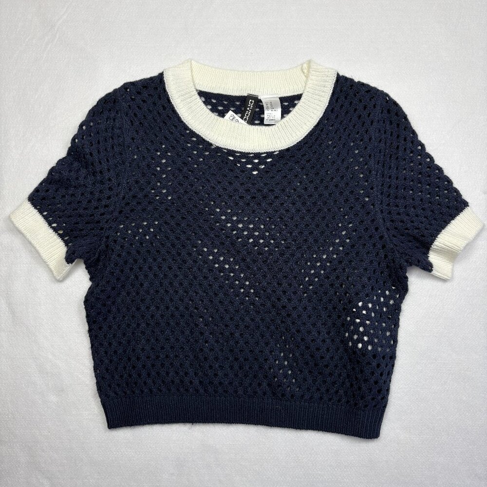H&M Divided Navy Blue Crochet Knit Crop Top Cottagecore Festival Chic Coastal XS